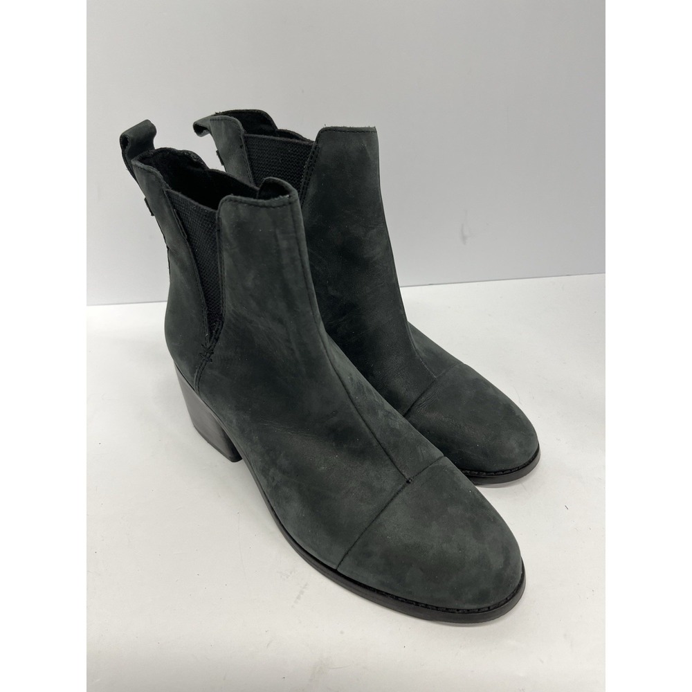 TOMS Evelyn Stacked Blocked Heel Booties Boots Black Scalloped Edge Size 8.5